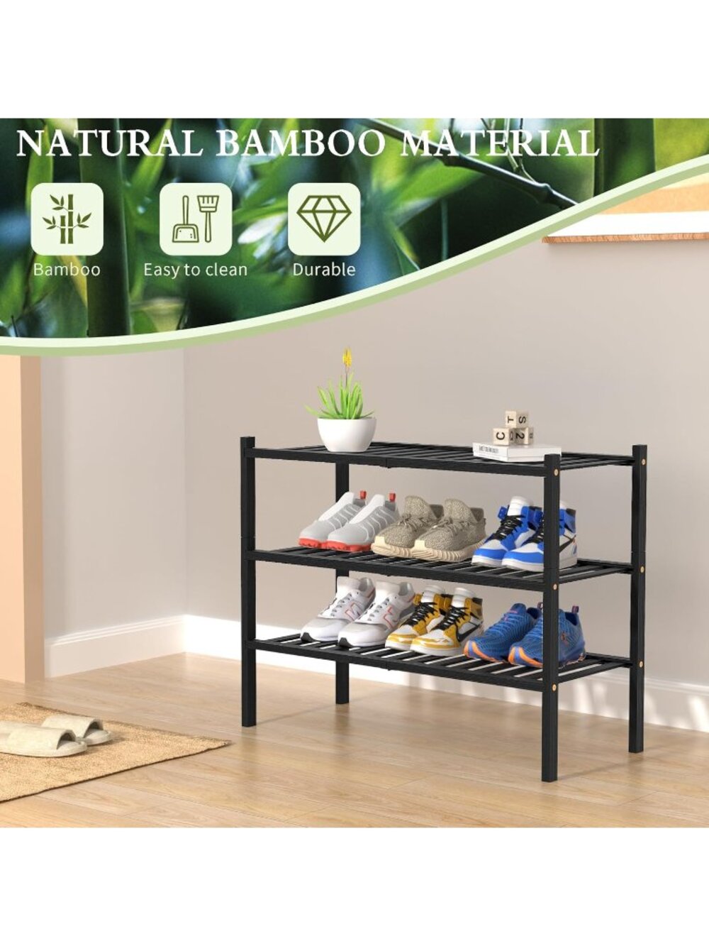 New CRAFT 3 Tier Bamboo Shoe Rack for Closet Free Standing Wood Shoe - Picture 6 of 6